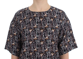 Dolce & Gabbana Graue Seidenbluse mit Goldschlüssel-Druck T-shirt