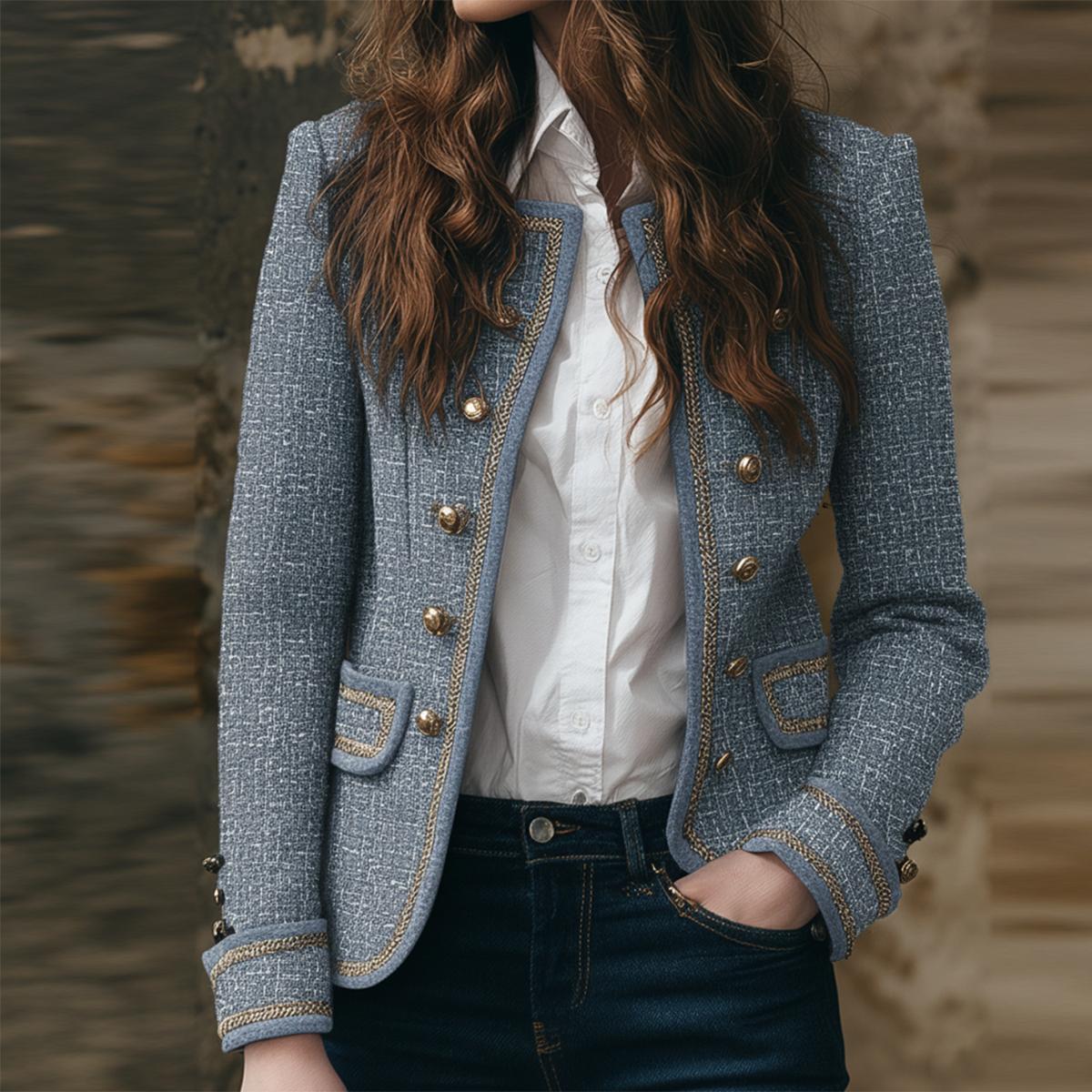 Herbstlicher Blue Tweed Double-Breasted Blazer - Luxus trifft Komfort