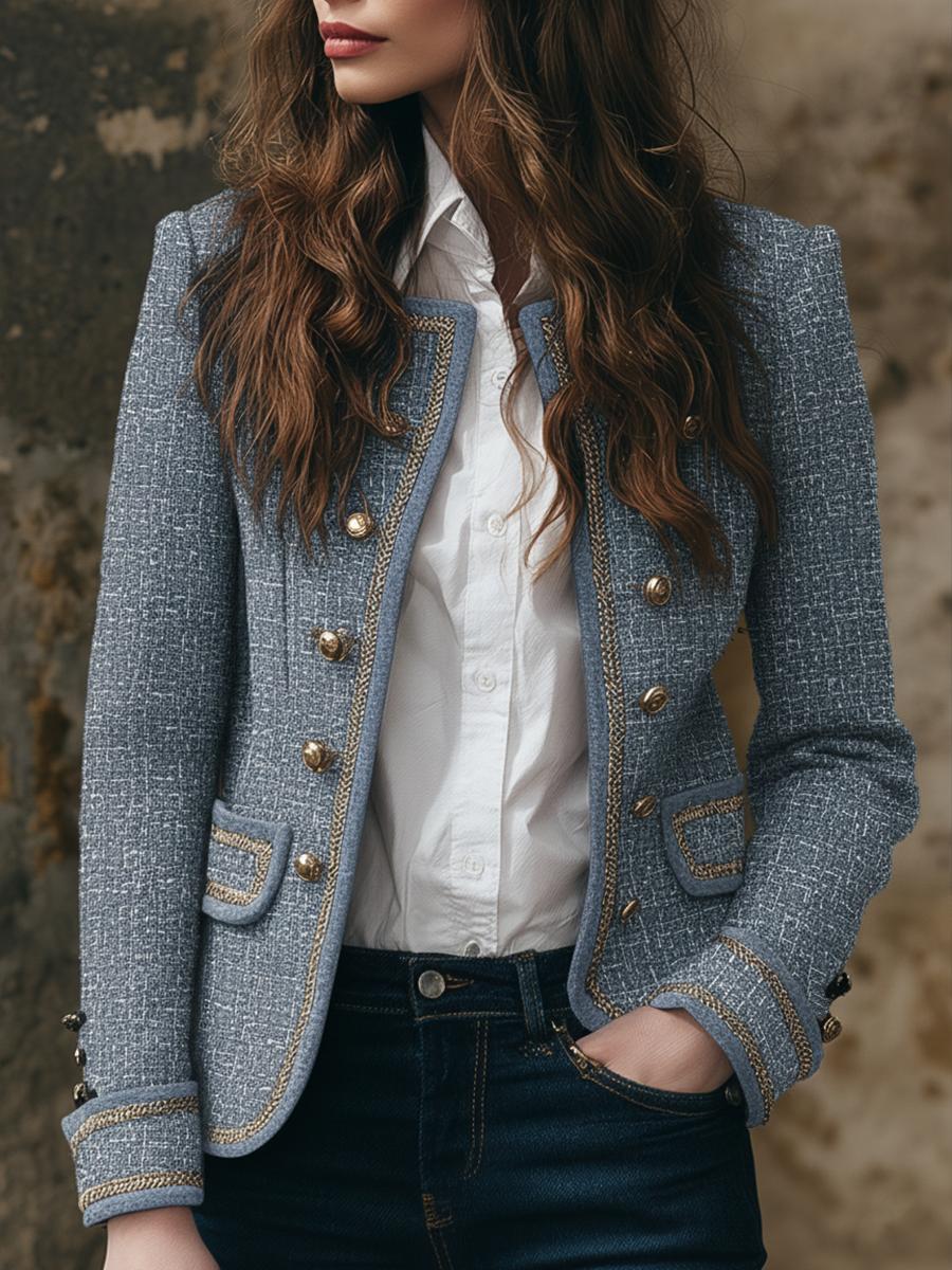 Herbstlicher Blue Tweed Double-Breasted Blazer - Luxus trifft Komfort