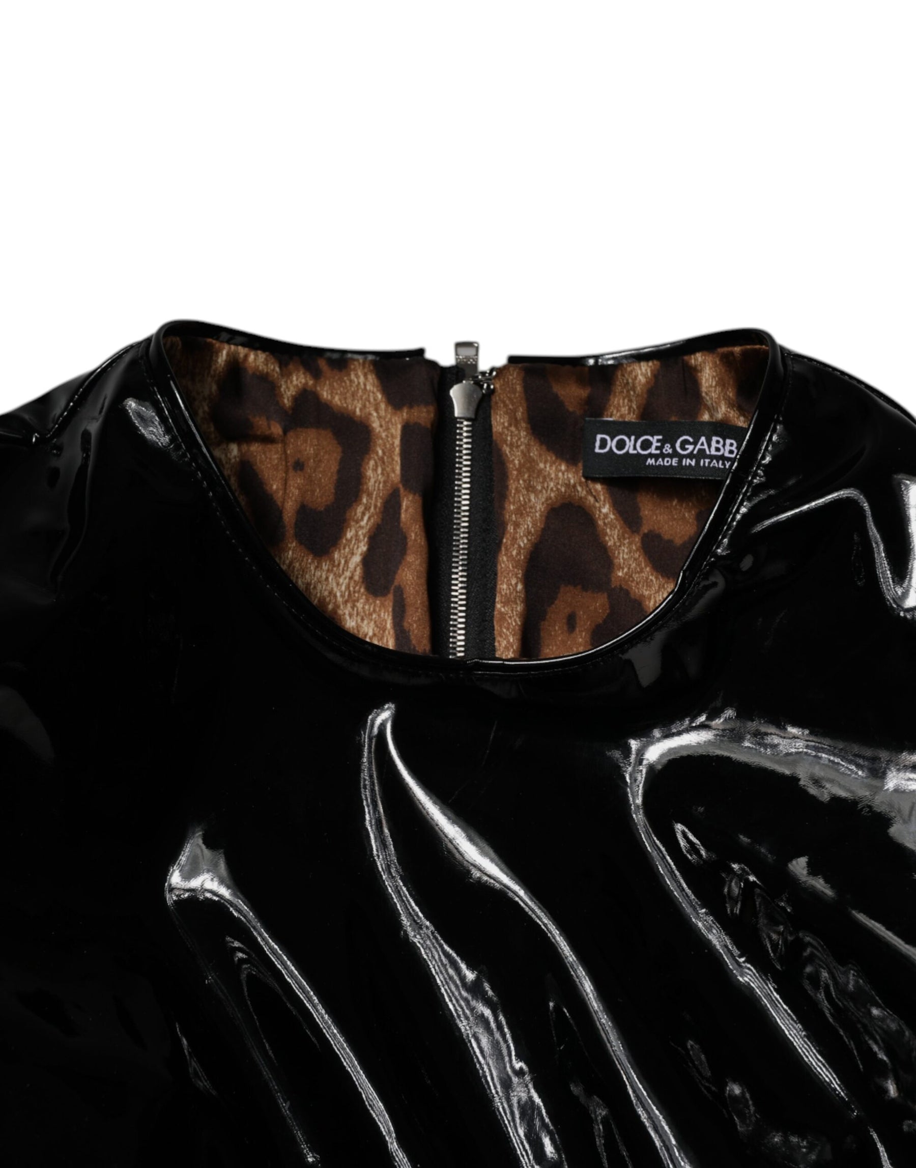 Dolce & Gabbana Schwarzes Lackleder Minikleid mit Puffärmeln