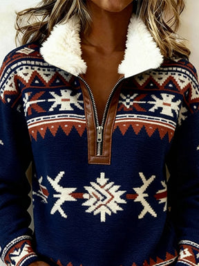 Damen Winter Pullover Navy mit Teddykragen & Norweger Muster
