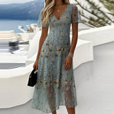 Popular V-Neck Sheer Sleeve Midi Dress - Herbstsflair trifft elegantes Design