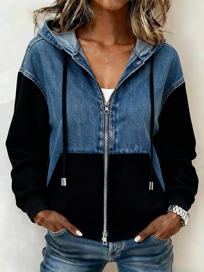 Winterliche Blue Denim Jacke mit Kapuze - Farbblock-Style für kühle Tage