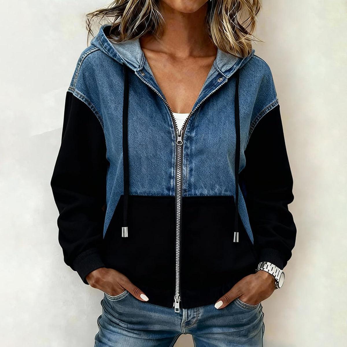 Winterliche Blue Denim Jacke mit Kapuze - Farbblock-Style für kühle Tage