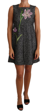 Dolce & Gabbana Graues Hahnentritt-Mini-Kleid mit Blumenapplikationen