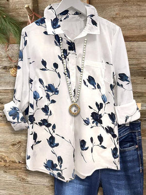 Winter Blusen-Shirt blau mit Aquarell-Blütenprint langarm