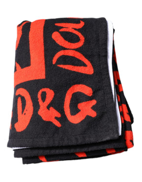Dolce & Gabbana Schwarz-Rot Logo Print Baumwolle Strandtuch