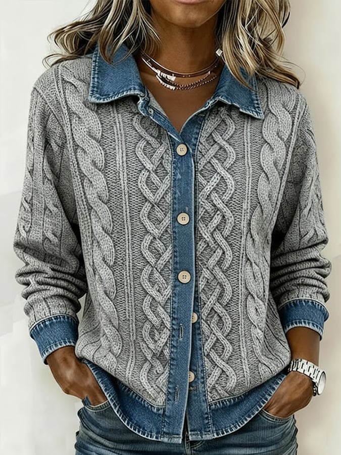 Winter-Essential: Grauer Strick-Cardigan mit Denim-Kragen und Knopfleiste