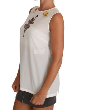 Dolce & Gabbana Weißes Seidentop mit Pailletten und Kristallverzierung