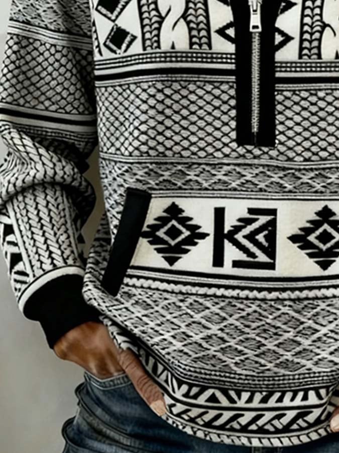 Kuscheliger Ethno Hoodie Winter Street Style Schwarz Weiß