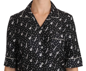 Dolce & Gabbana Schwarzes Seidenhemd mit Gitarren-Trompetendruck
