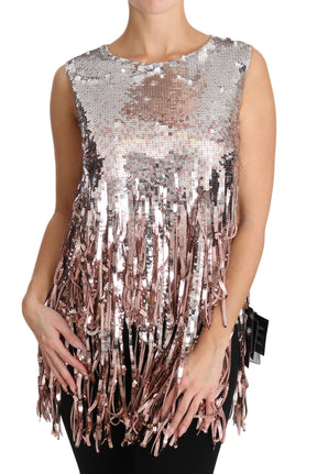 Dolce & Gabbana Goldenes rosa Pailletten-Fransen-Tanktop