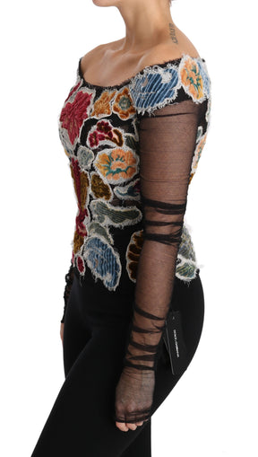 Dolce & Gabbana Schwarzes geblümtes Ricamo-Top T-Shirt Bluse