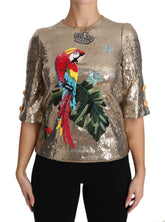 Dolce & Gabbana Goldfarbene Pailletten-Papageien-Kristallbluse
