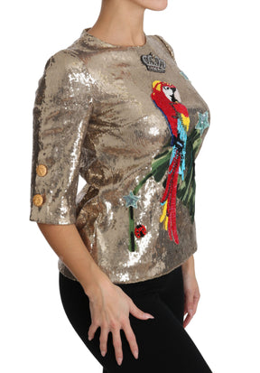Dolce & Gabbana Goldfarbene Pailletten-Papageien-Kristallbluse
