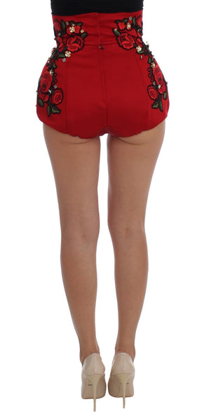 Dolce & Gabbana Rote Seidenkristallrosen Shorts