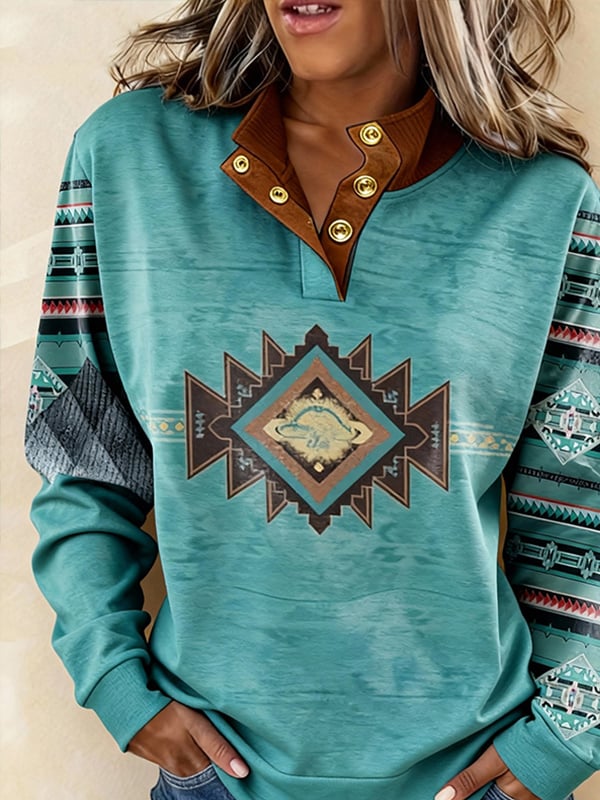 Türkises Boho Sweatshirt Winter warm mit Azteken-Print