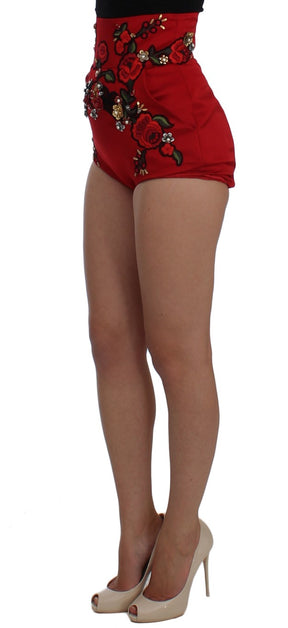 Dolce & Gabbana Rote Seidenkristallrosen Shorts