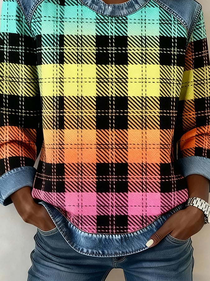 Bunter Winter Pullover Damen mit Karomuster und Denim Patchwork