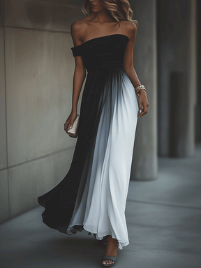 Basic Color Block Black Maxi Dress - Elegantes Herbstskleid in A-Linie