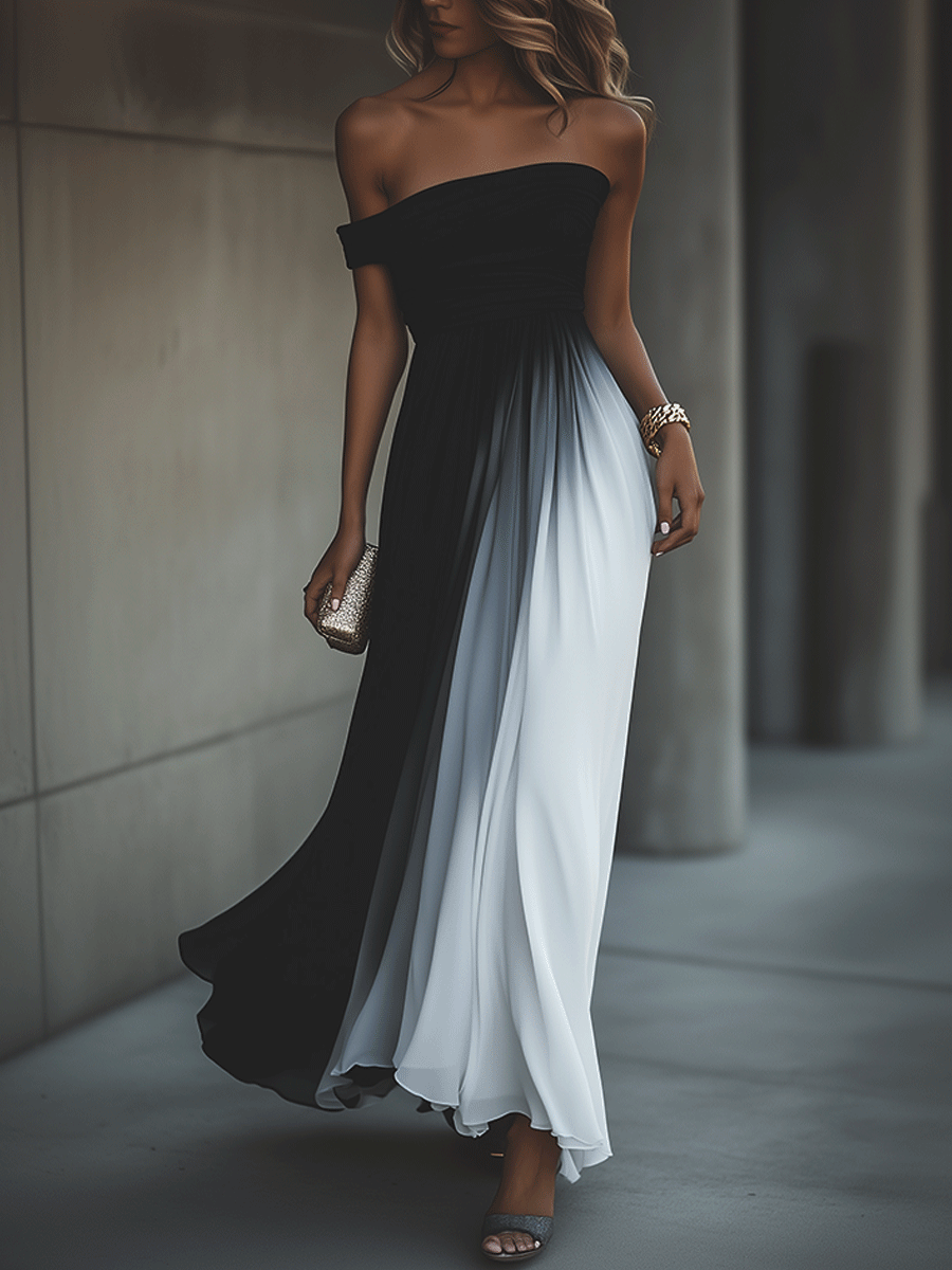 Basic Color Block Black Maxi Dress - Elegantes Herbstskleid in A-Linie