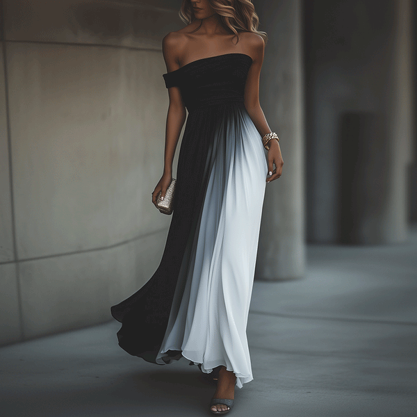 Basic Color Block Black Maxi Dress - Elegantes Herbstskleid in A-Linie