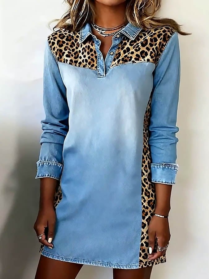 Winter Denim Patchwork Kleid mit Leo-Print und langen Ärmeln