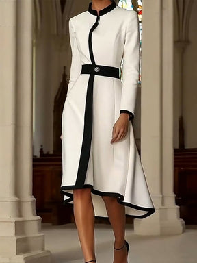 Herbstshaftes Color Block Midi-Kleid mit Langarm - Modern, Elegant & Komfortabel