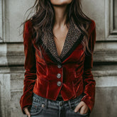 Herbstlicher Samt-Blazer in Burgunderrot mit Leopardenmuster - Luxus pur!