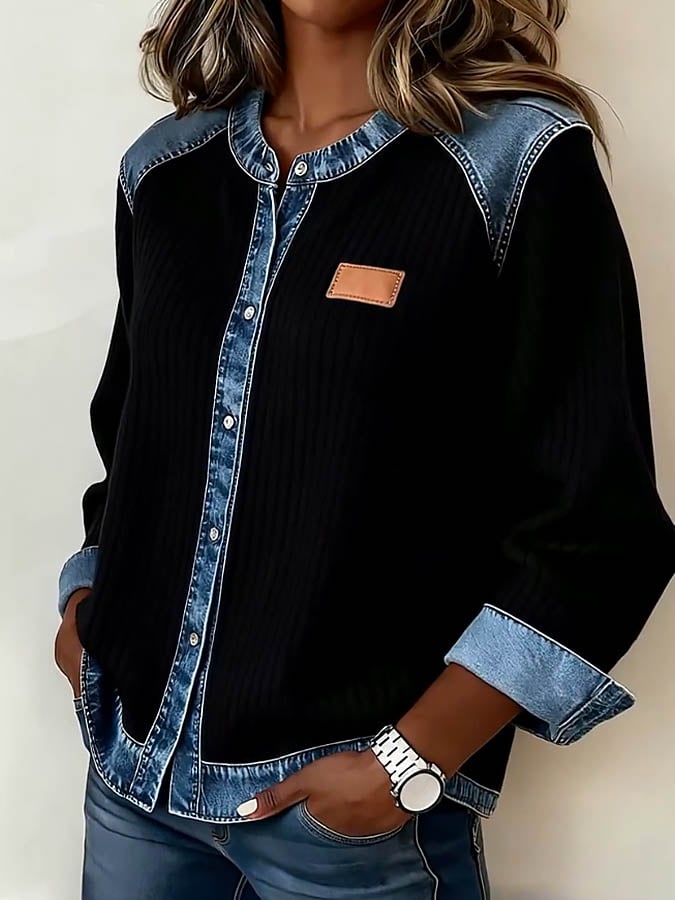 Warme Damen Winterjacke Casual Denim Patchwork Schwarz