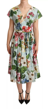 Dolce & Gabbana Grünes geblümtes Baumwollkleid mit kurzen Ärmeln und V-Ausschnitt