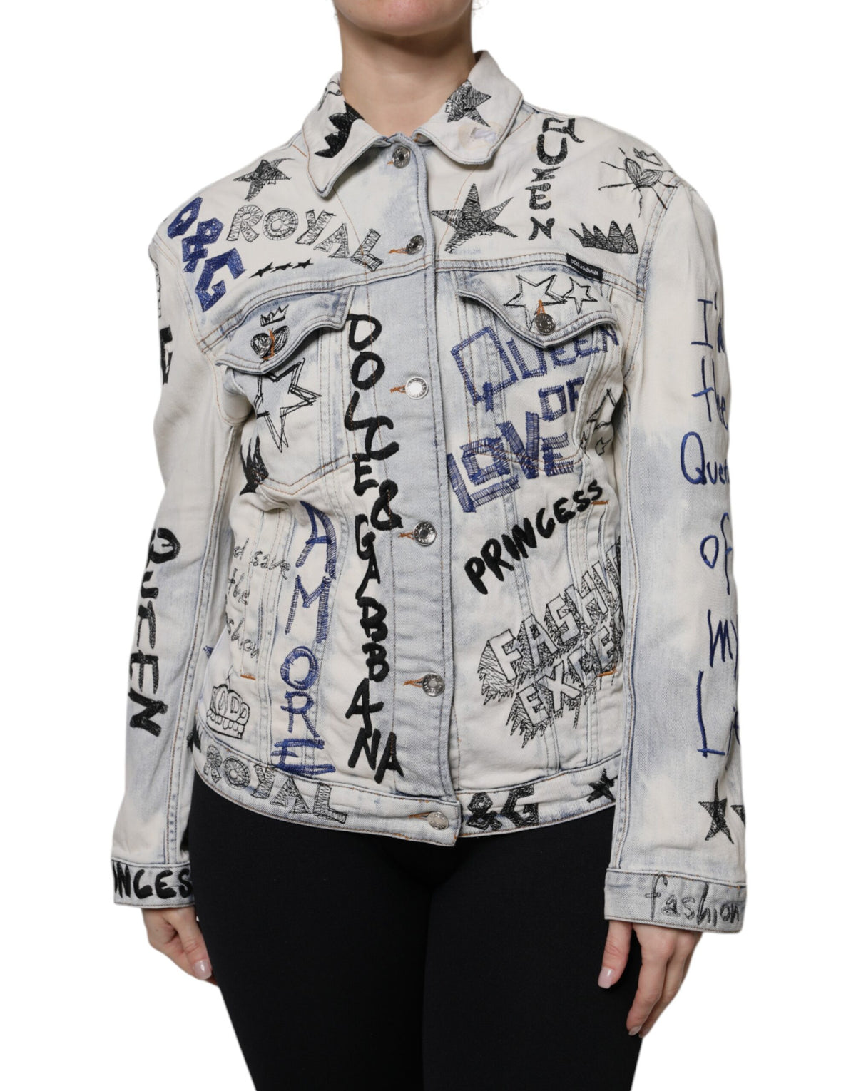 Dolce & Gabbana Hellblaue Graffiti-Denimjacke mit Knopfleiste