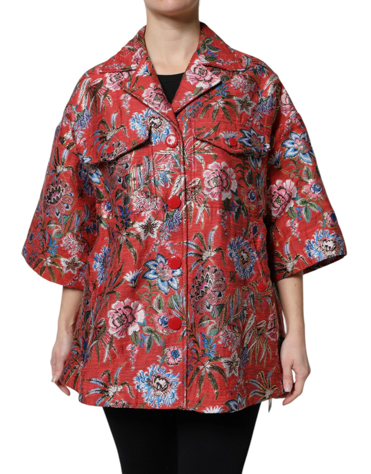 Dolce & Gabbana Roter geblümter Jacquard-Mantel mit Knopfleiste Jacke