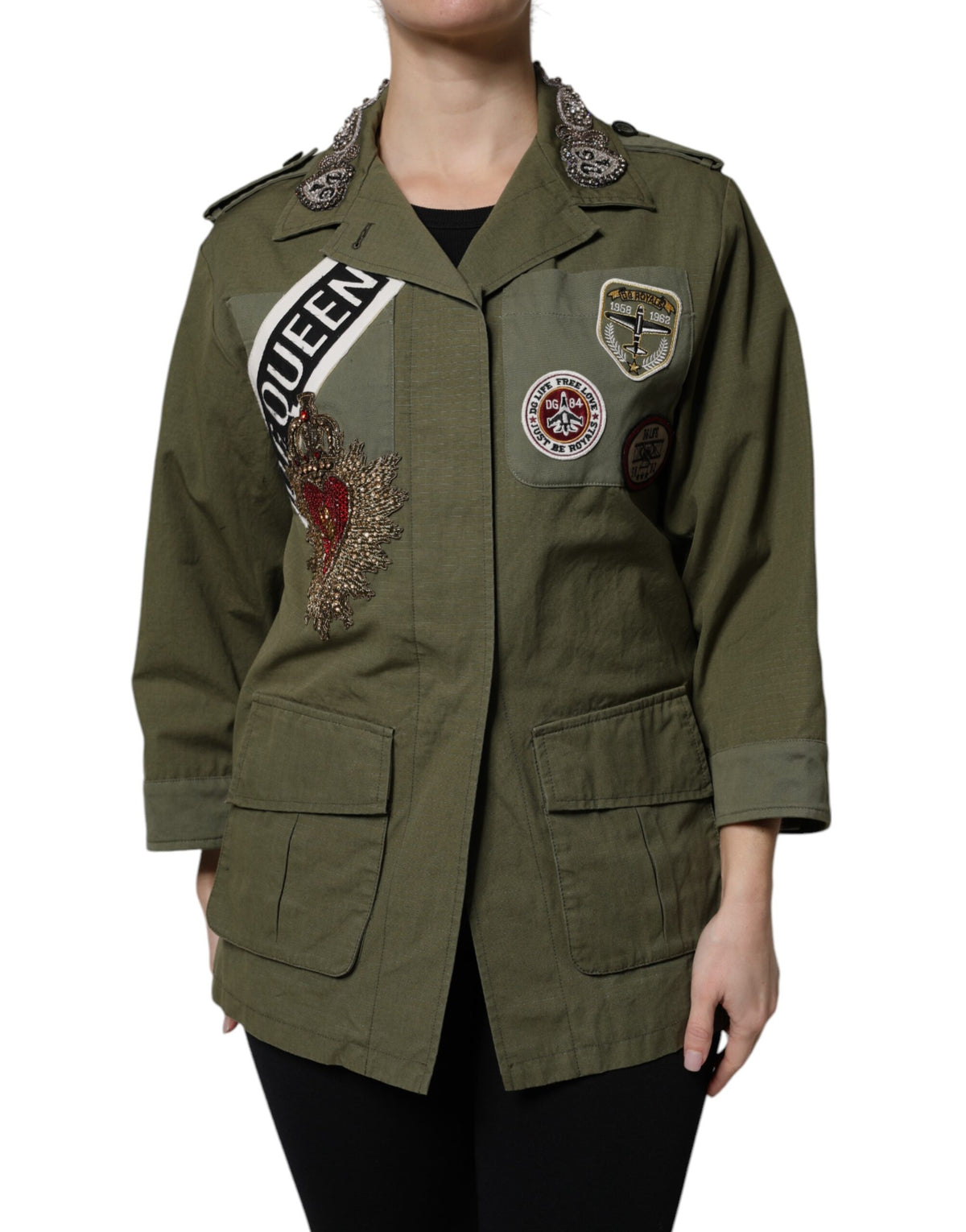 Dolce & Gabbana Militärgrüner verschnörkelter Mantel Jacke Queen