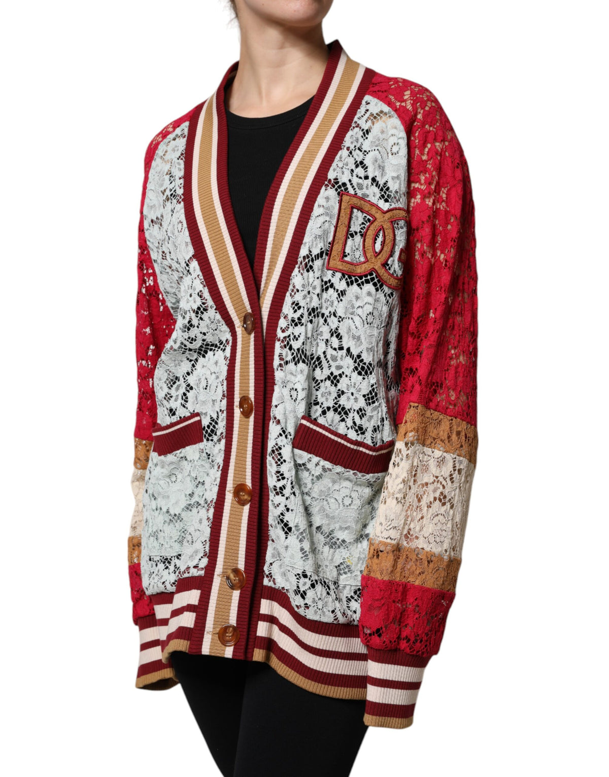 Dolce & Gabbana Mehrfarbige Strickjacke mit floraler Spitze