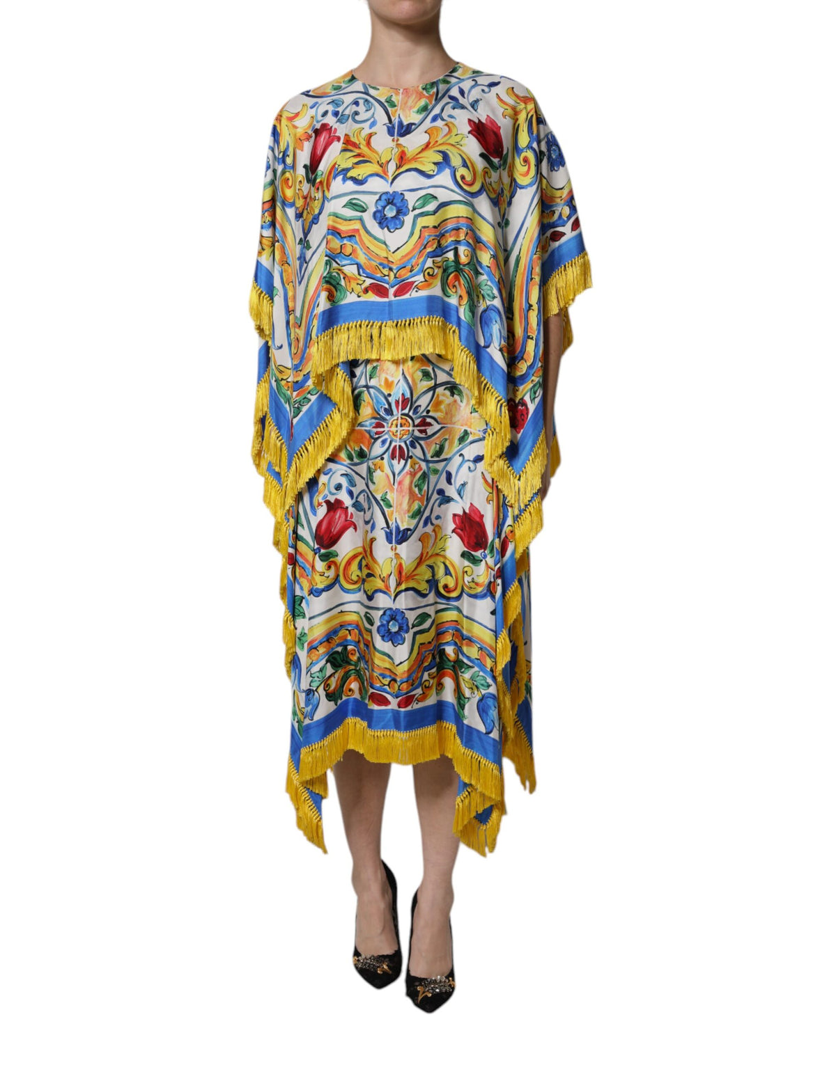 Dolce & Gabbana Multicolor Majolika Kaftan Kurzärmeliges Maxikleid