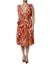 Dolce & Gabbana Multicolor Floral Seide V-Ausschnitt Chiffon Kleid
