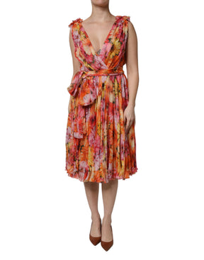 Dolce & Gabbana Multicolor Floral Seide V-Ausschnitt Chiffon Kleid