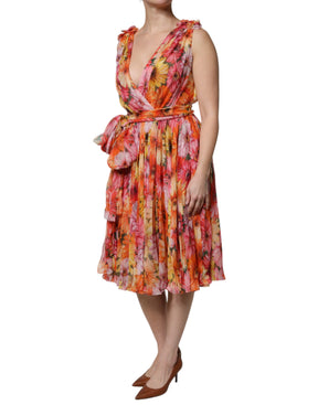 Dolce & Gabbana Multicolor Floral Seide V-Ausschnitt Chiffon Kleid