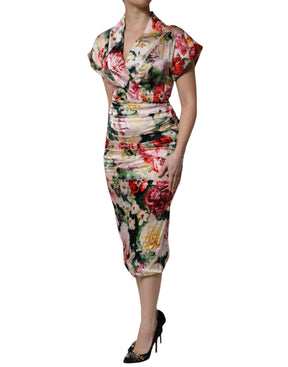 Dolce & Gabbana Multicolor Floral Kurzärmeliges Etuikleid Midikleid