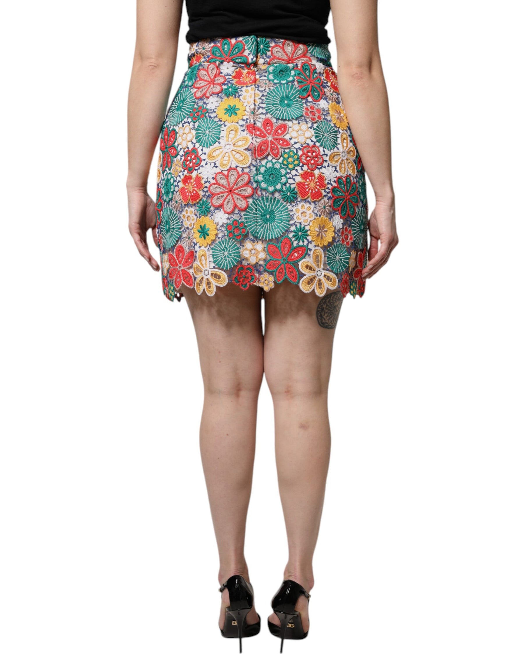 Dolce & Gabbana Multicolor Floraler Spitzen-Minirock mit hoher Taille