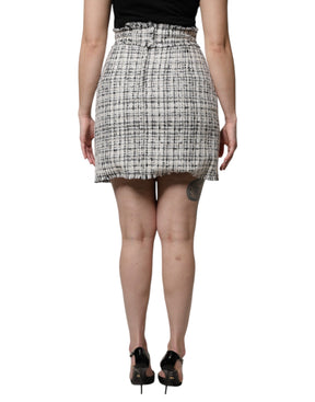 Dolce & Gabbana Weiß Schwarz Hochtaillierter Tartan Tweed Minirock