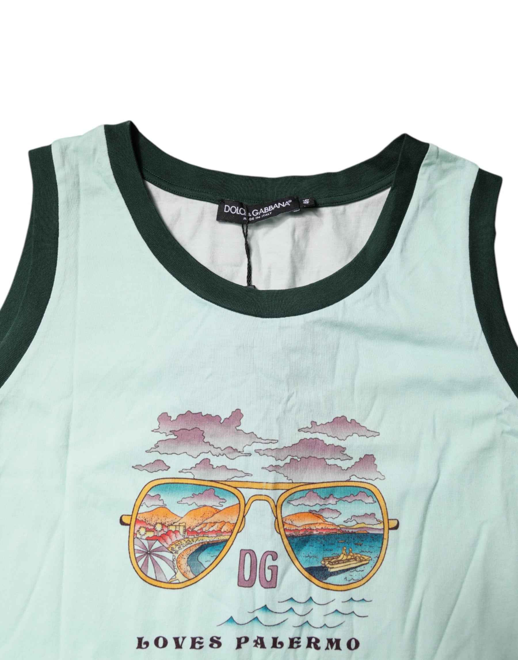 Dolce & Gabbana Hellgrünes ärmelloses Tank-T-Shirt mit Grafikdruck