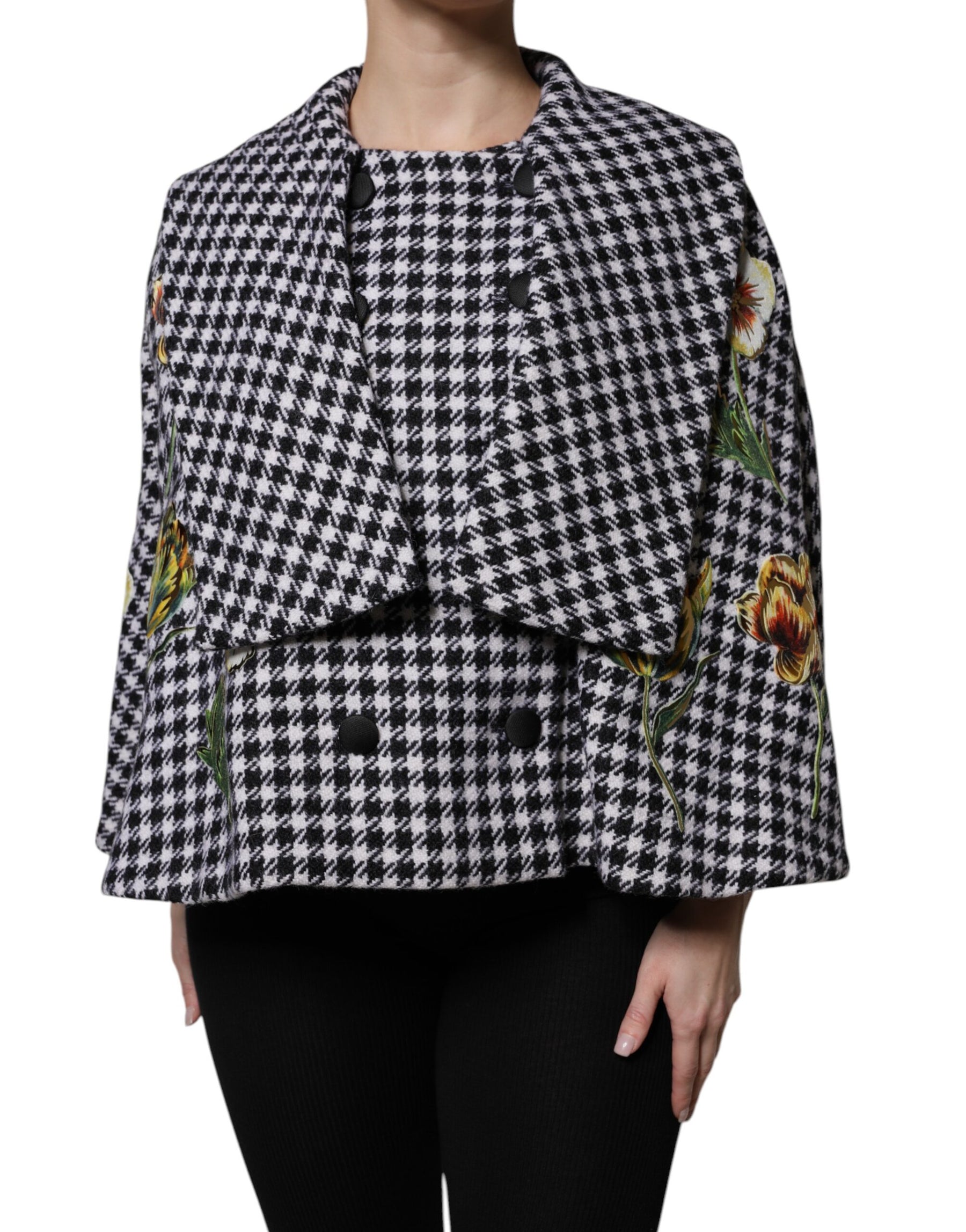 Dolce & Gabbana Schwarz Weiß Monochrom Gemusterte Floral Cape Jacke