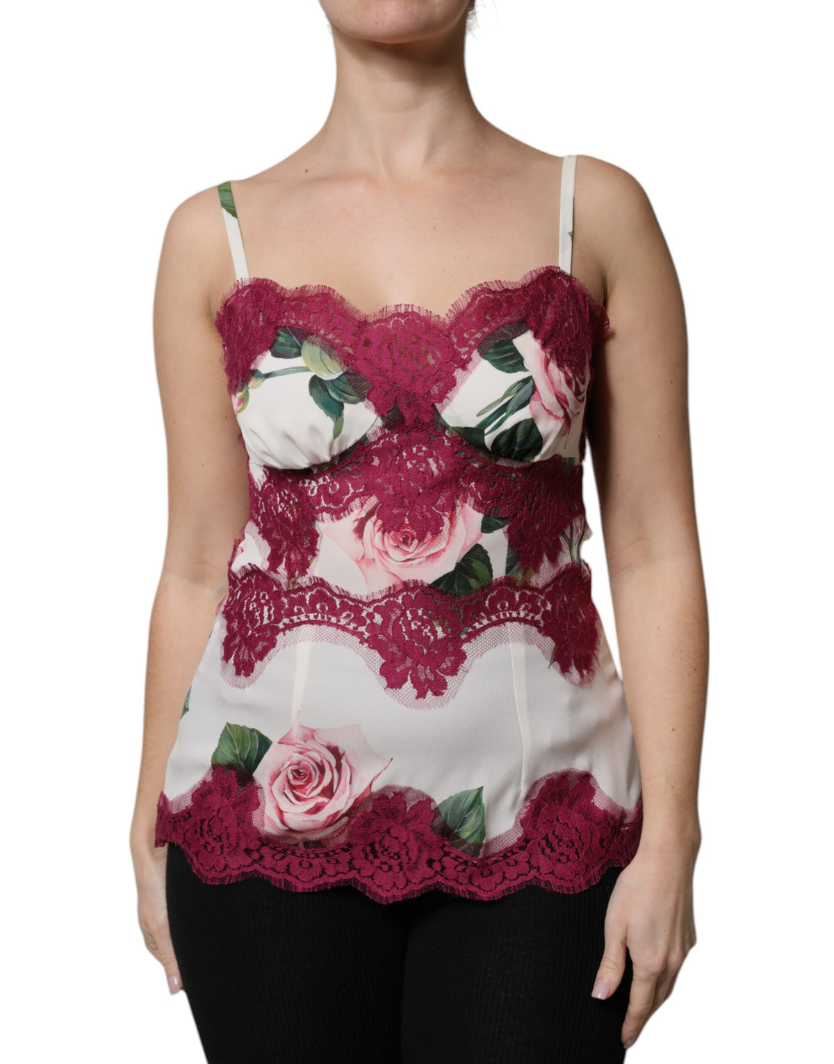 Dolce & Gabbana Weißer Rosendruck Satin Spitze Tank Top Lingerie