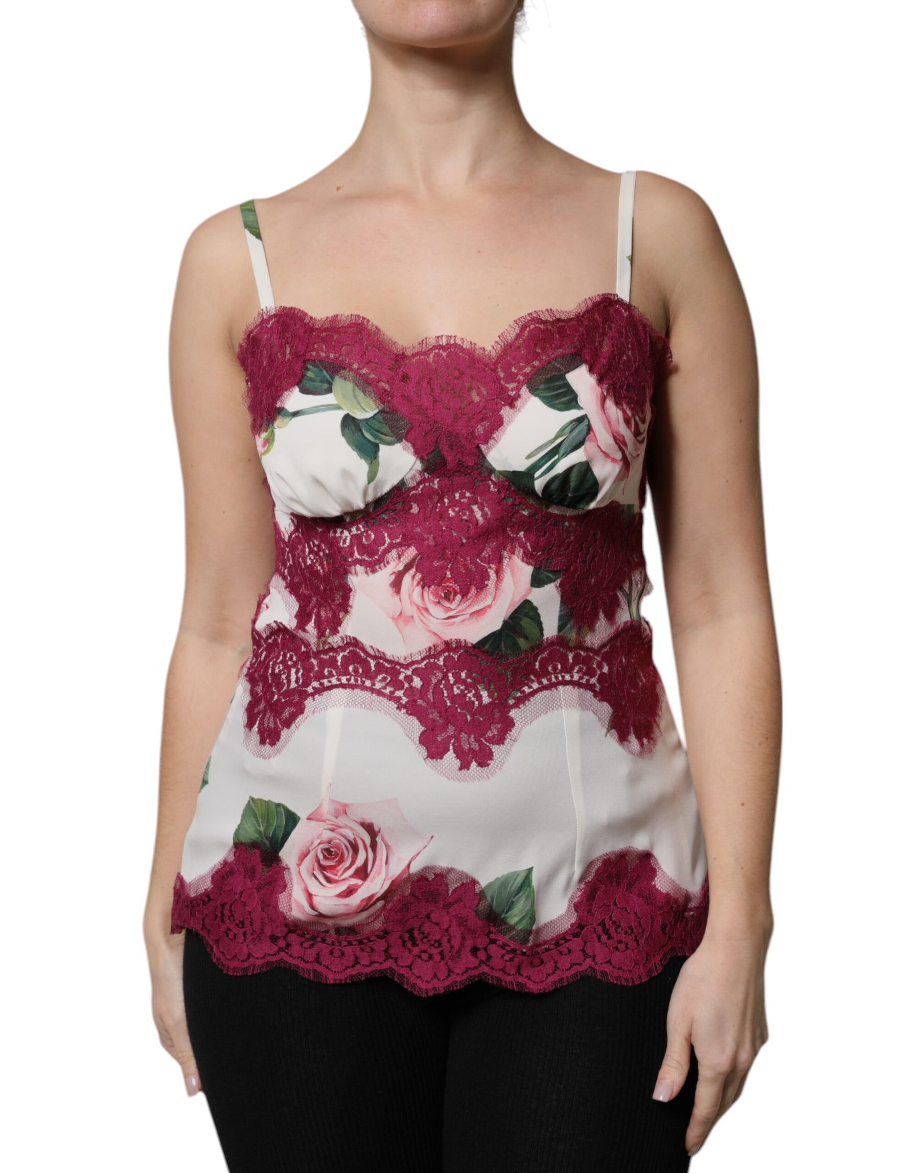 Dolce & Gabbana Weißer Rosendruck Satin Spitze Tank Top Lingerie