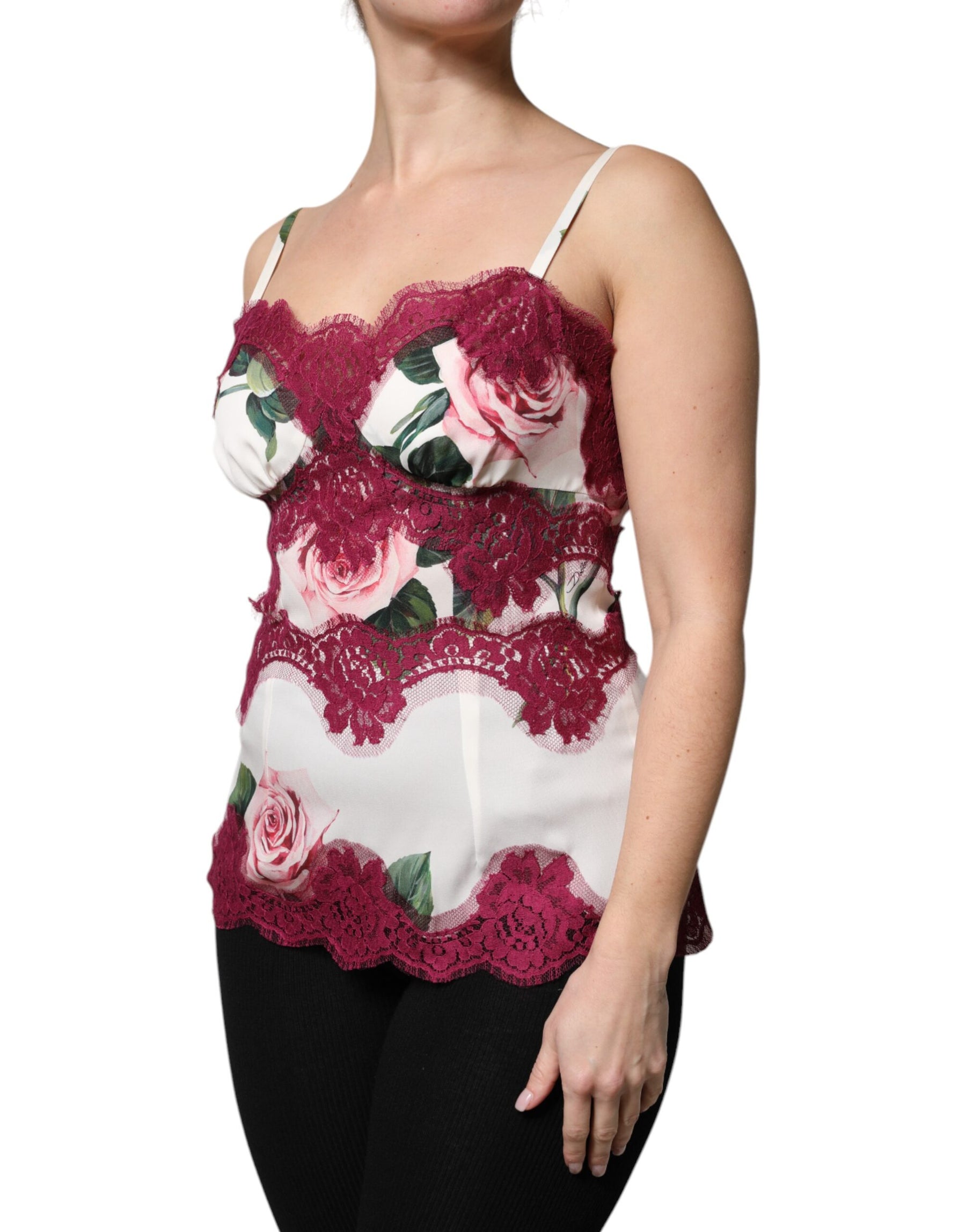 Dolce & Gabbana Weißer Rosendruck Satin Spitze Tank Top Lingerie