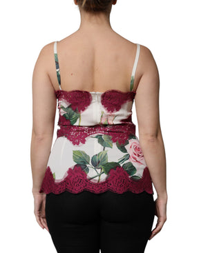 Dolce & Gabbana Weißer Rosendruck Satin Spitze Tank Top Lingerie