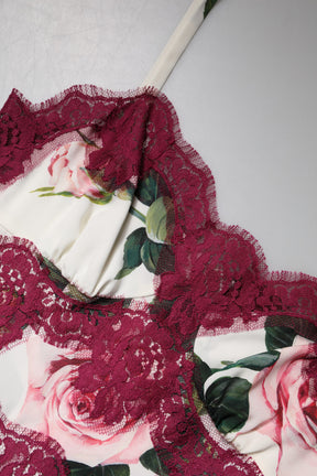 Dolce & Gabbana Weißer Rosendruck Satin Spitze Tank Top Lingerie