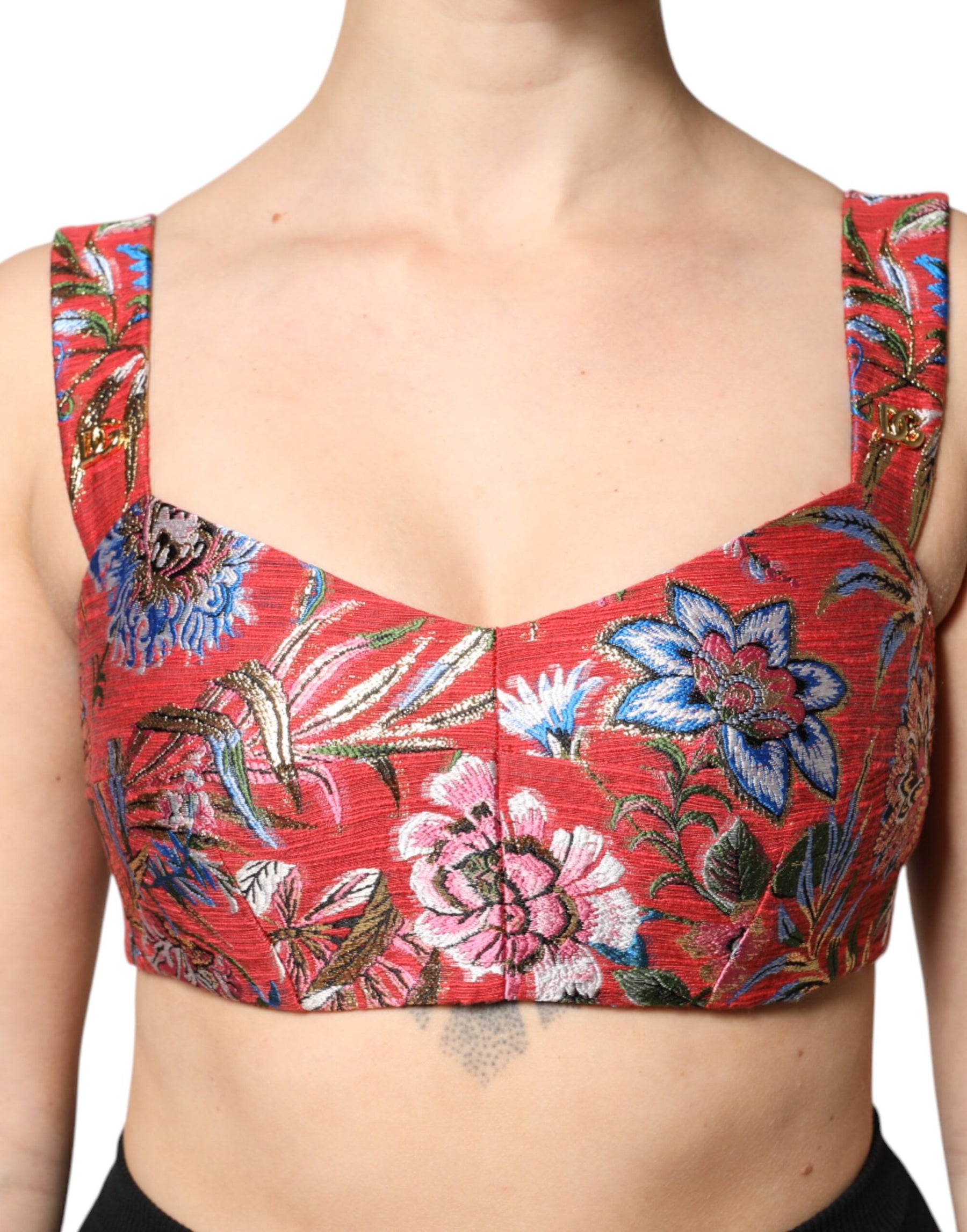 Dolce & Gabbana Rotes, geblümtes Brokat-Bustier-Korsett-Top